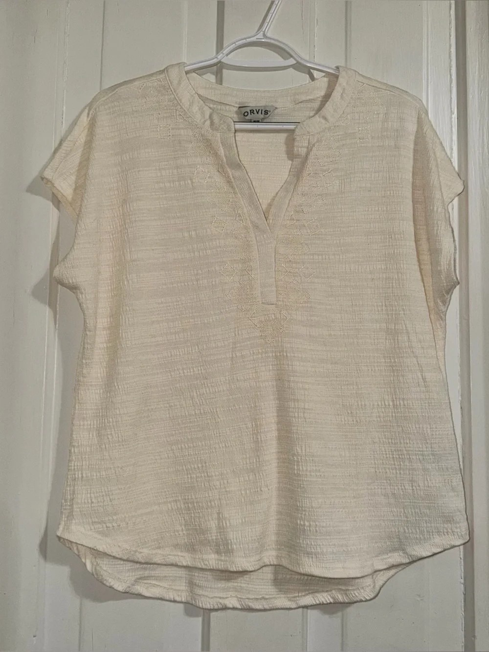 Orvis Cream Short-Sleeve Textured Split-Neck Top